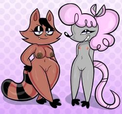 2girls anthro breasts catching_up female female/female flat_chested looking_at_viewer mammal navel nipples nude possum possum_girl_(catching_up) procyonid raccoon raccoon_girl_(catching_up) significantother