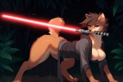 ai_generated big_breasts canine feral light_saber looking_at_viewer sith star_wars