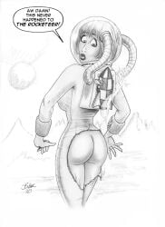 1girls accidental_exposure ass bikerbloke bodysuit english_text exposed_ass female funny greyscale humor jetpack monochrome solo torn_bodysuit torn_clothes traditional_media_(artwork) wardrobe_malfunction