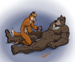 2012 5_toes abs anthro balls bear blue_eyes canine chestnuts_(artist) claws erection fox fur furry furry_only gay hair handjob hindpaw human_feet male muscles nipples no_humans nude paws pecs penis plantigrade size_difference soles toe_claws toes tongue tongue_out ursine