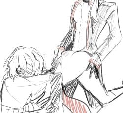 2boy 2boys 2male 2males 2men anal anal_sex artist_signature ass_raised bandage_over_one_eye black_choker black_gloves blazer blush bottom_dazai bsd bungo_stray_dogs bungou_stray_dogs choker chuuya_nakahara couple couple_(romantic) couple_sex dazai_osamu doggy doggy_style doggy_style_position doggystyle_position duo duo_focus duo_male eyes_wide eyes_wide_open feminine_male girly glove gloved_hands gloves gripping_pillow long_hair nakahara_chuuya osamu_dazai penetrated penetrating penetration penis_in_ass pillow pillow_grab pillows raised_ass short_hair sketch sketchy soukoku tears_in_eyes teary_eyes thai_text topwear topwear_only twink twitter unbuttoned unbuttoned_shirt wip