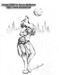 2003 anthro black_and_white breasts canine closed_eyes female fur furry howl kacey monochrome pussy sketch skimpy solo standing undressing wolf