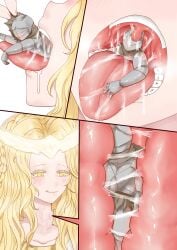 azaramu blonde_hair elden_ring femboy fromsoftware giant girly internal larger_male long_hair macro male male_focus male_pred micro miquella open_mouth oral_vore shadow_of_the_erdtree size_difference throat_bulge tongue vore x-ray