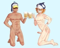 abs arm_scar ass beer dripping_cum frenum_piercing hard_cock leg_hair male male_only muscles one_piece pecs penguin_(one_piece) red_hair shachi_(one_piece) starryrollcake stomach_scar sunglasses tattoos