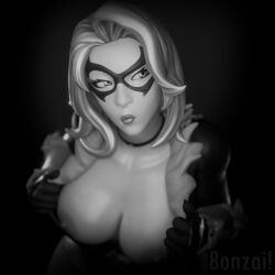 3d big_breasts black_and_white black_cat_(fortnite) black_cat_(marvel) bonzaibomb felicia_hardy fortnite marvel marvel_comics monochrome revealing_breasts spider-man_(series) tagme undressing white_hair