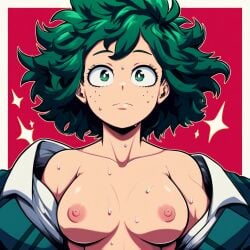 ai_generated breasts breasts_out deku female_deku green_eyes green_hair izuku_midoriya my_hero_academia nipples no_bra rule_63 rule_63 school_uniform serious sparkles su_whore_(artist) surprised sweat sweating sweaty sweaty_breasts