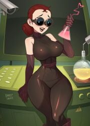 ! artist_name bare_shoulders barleyshake black_bodysuit bodysuit breasts brown_gloves commentary covered_navel covered_nipples elbow_gloves erlenmeyer_flask evil_con_carne feet_out_of_frame female flask gloves highres major_dr._ghastly medium_breasts narrow_waist open_mouth red_hair round-bottom_flask security_camera smile solo teeth the_grim_adventures_of_billy_and_mandy thick_thighs thighs toon_(style) upper_teeth_only