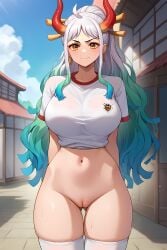 ai_generated anime big_breasts bottomless female female_only gym_uniform marvelousvice one_piece oni_horns pussy solo vagina yamato_(one_piece)