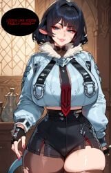 ai_generated animal_ears black_hair blue_eyes breasts cropped_jacket fur_trim jane_doe_(zenless_zone_zero) lipstick nihilous red_highlights shorts sleeves smug_smile tail thick_thighs torn_pantyhose zenless_zone_zero