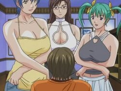 1boy 3girls animated blue_hair bouncing_breasts breasts brown_hair discipline:record_of_a_crusade female glasses green_hair harem hayami_takurou kaneda_maiko large_breasts long_hair loop looping_animation miyagishi_yuuki multiple_girls nipples no_bra nonomura_ruri short_hair undressing