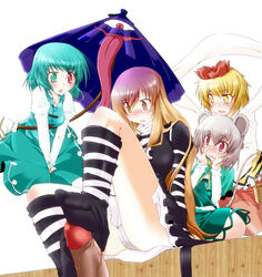 blonde_hair blue_eyes blue_hair color error feet footjob gradient_hair hair_ornament heterochromia hijiri_byakuren karakasa_obake kogasa_tatara long_hair multicolored_hair multiple_girls nazrin panties penis red_eyes sesield short_hair tongue toramaru_shou touhou umbrella underwear yellow_eyes