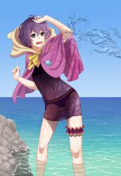 1girls beach bernadetta_von_varley bernadetta_von_varley_(summer) bikini fire_emblem fire_emblem:_three_houses fire_emblem_heroes grey_eyes hoodie nintendo nknk_pn outdoors partially_submerged purple_hair see-through see-through_clothing short_hair splashing swimsuit