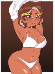 armpits arms_behind_head arms_up big_ass big_breasts blush bra brown_eyes brown_hair camila_noceda choker curly_hair digital_drawing_(artwork) digital_media_(artwork) disney disney_channel glasses gradient_background highlights_(coloring) human latina milf panties shirtless short_hair simple_background smile spearmph stripping the_owl_house thick_ass thick_hips thick_thighs underwear white_bra white_panties white_shirt white_strand_of_hair white_underwear