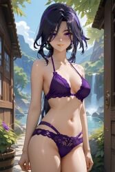 1girls afalyca ai_generated bikini breasts clorinde_(genshin_impact) dark_purple_hair female genshin_impact hoyoverse lace lace_bra lace_panties looking_at_viewer outdoors panties purple_bikini purple_eyes purple_panties smile solo standing