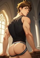 ai_generated ass back biceps blush brown_hair callum_(the_dragon_prince) gay green_eyes jockstrap jockstrap_only leaning_on_object looking_at_viewer looking_back male male_only muscular muscular_male smile tank_top the_dragon_prince toned_body toned_male twall97