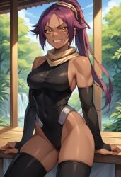 1female 1girls ai_generated bleach breasts commentary_request dark-skinned_female dark_skin english_commentary female female_only hi_res highres looking_at_viewer mixed-language_commentary shihouin_yoruichi solo solo_female very_high_resolution