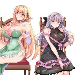 2girls alcohol black_bow black_ribbon blonde_hair blood blood_on_clothes blue_eyes blush bow braid breasts chair choker cleavage cocktail_dress crossed_bangs crown_braid cup detached_sleeves dress drinking drinking_glass elf elf_ni_inmon_o_tsukeru_hon flower frilled_dress frills green_choker green_dress grey_hair hair_flower hair_ornament highres huge_breasts large_breasts long_hair multiple_girls ninoko original pink_bow pink_sash pointy_ears ribbon sakurase_shino_(ninoko) sash side-tie_dress sitting sylpha_(ninoko) wine wine_glass yellow_eyes