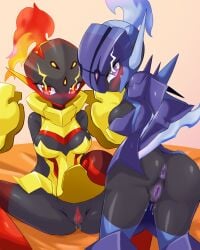 2girls armarouge armor armored_dress armored_female asking_for_sex asking_viewer ass ass_focus ass_up begging_for_sex bending_forward bending_over bending_over_position blush blush breasts ceruledge clothing embarrassed female female_focus female_only large_breasts looking_at_viewer pokemon pokemon_(species) pokemon_sv purple_eyes pussy pussy_juice red_eyes spread_legs spreading thick thick_legs thick_thighs thighhighs thighs zerokun135