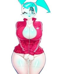 big_breasts blue_eyes bottomless covered_pussy covering covering_pussy female inner_sideboob jacket jenny_wakeman lonlon looking_at_viewer no_panties one_eye_closed robot robot_girl thick_thighs tongue_out