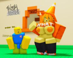 1boy 1girls 3d becca_(stob_nsfw) bottomless breasts breasts_out bulge crimstuff dialogue nipples noob orange_hair orange_shirt outside recreation roblox roblox_avatar robloxian tagme traffic_cone yellow_body