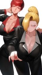 2girls bending_forward bent_forward big_breasts big_breasts black_clothing blonde_hair blue_eyes breasts breasts breasts brown_eyes brown_hair cleavage clothed dark-skinned_female dark_skin earrings female female grabbing grabbing_from_behind hair_bun hand_on_head hanging_breasts huge_breasts king_of_fighters light-skinned_female light_skin long_hair mature_(kof) one_eye_covered one_eye_obstructed open_clothes painted_nails pants pov red_eyes red_hair rororo secretary seductive seductive_eyes seductive_look short_hair smiling smiling_at_viewer suit tan tan_body tan_skin thick thick_hips thick_legs thick_thighs tied_hair two_tone_hair vice_(kof) voluptuous voluptuous_female wide_hips yuri yuri