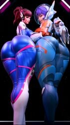 2girls 3d asian asian_female ass ass_focus big_ass big_breasts blizzard_entertainment breasts brown_eyes brown_hair clothed clothed_female clothing curvy curvy_female curvy_figure cute d.va dat_ass fat_ass female_focus from_behind from_below hana_song huge_ass juno_(overwatch) kaylzara korean korean_female light-skinned_female light_skin looking_at_viewer looking_back multicolored_hair overwatch overwatch_2 overwatch_league scrag_d.va seductive spacesuit tagme teo_minh tight