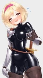 armor blonde_hair blush bodysuit djeeta_(granblue_fantasy) gloves granblue_fantasy highres latex latex_bodysuit long_fall_boots maguro27 navel shiny_clothes shoulder_armor skin_tight smile sword weapon yellow_eyes