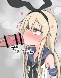 1boy ame_(amechan17391739) animal_ears blonde_hair blush brown_eyes buttons censored censored_penis double-breasted fellatio female grey_background hair_between_eyes kantai_collection large_penis long_hair oral penis rabbit_ears school_uniform serafuku shimakaze_(kantai_collection) simple_background steam steaming_body straight sweat veins veiny_penis