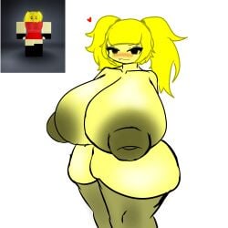 baller big_nipples bizzarekatze black_eyes blush female huge_thighs low_quality massive_breasts roblox roblox_avatar robloxian simple_background thigh_socks twintails white_background yellow_body yellow_hair