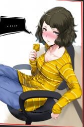 ... 10s 1girls blush breasts brown_eyes brown_hair chair cleavage collarbone condom condom_wrapper embarrassed female hews looking_at_viewer medium_breasts messy_hair persona persona_5 sadayo_kawakami short_hair sitting solo textless_version