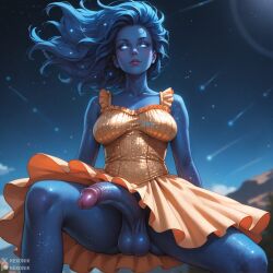 1futa ai_generated big_balls big_breasts big_penis blue_hair blue_penis blue_skin colored_skin cosmic_background cosmic_being cosmic_hair cosmic_skin dickgirl dress dress_lift floating_hair futa_only futanari glowing_eyes half-erect huge_breasts huge_cock kexonik large_breasts large_penis large_testicles marvel marvel_comics penis sagging_breasts semi-erect singularity solo sparkly_dress stars testicles