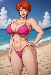 1girls ai_generated beach big_ass big_breasts bikini blue_eyes breasts cleavage dominion_tank_police hips huge_breasts leona_ozaki looking_at_viewer orange_hair pink_bikini posing red_hair self_upload short_hair stable_diffusion standing swimsuit thick tomboy unclego