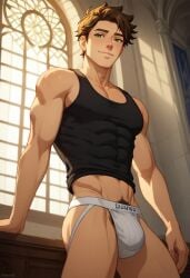 abs ai_generated biceps blush brown_hair callum_(the_dragon_prince) gay green_eyes jockstrap jockstrap_only leaning_on_object looking_at_viewer male male_only muscular muscular_male pecs pubic_hair smile tank_top the_dragon_prince toned_body toned_male twall97