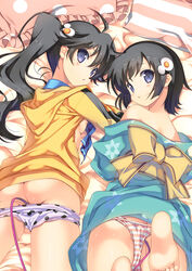 ahoge araragi_karen araragi_tsukihi ass barefoot bed black_hair blush breasts feet hair_ornament hooded_track_jacket japanese_clothes kimono kugajou_takaya long_hair monogatari_(series) multiple_girls naruse_hirofumi nisemonogatari panties polka_dot polka_dot_panties pussy_juice short_hair siblings sisters soles striped striped_panties toes underwear vibrator vibrator_under_panties