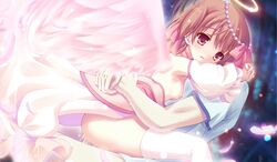 brown_eyes brown_hair circlet cum detached_sleeves feathered_wings feathers female game_cg hair_ribbon halo hug jewelry nipples ooba_maya ribbon sex thighhighs tsukishima_yuuko tsukumonotsuki white_legwear wings