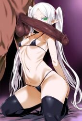 black_bikini dark-skinned_male green_eyes huge_cock kneeling kneesocks twintails white_hair