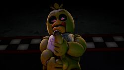 1futa 1girls 3d 3d_(artwork) animatronic anthro avian beak big_balls big_penis chica_(fnaf) chicken female female_only five_nights_at_freddy's fondling_balls four_fingers futanari holding_penis horny hungry hungry_mouth licking_beak licking_lips looking_at_viewer pink_eyes teasing tongue tongue_out yellow_body yellow_penis