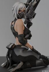 1girls alternate_version_available artist_name ass_focus big_ass clothed clothed_female clothing female female_only fortnite fully_clothed fully_clothed_female highres holding_weapon hush_(fortnite) kitway looking_back looking_back_at_viewer mask masked masked_female necklace on_knee pinup red_eyes sfw short_hair solo solo_female trigger_discipline white_hair