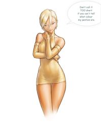 12-tf blonde_hair dress english_text female female_only fully_clothed minidress revealing_clothes short_dress text tight_clothing