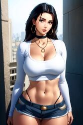 1girls ai_generated black_hair choker crop_top curvy hoop_earrings hourglass_figure large_breasts light-skinned_female linguin mature_female midriff milf necklace original original_character shorts thick_thighs thin_waist thong_above_shorts whale_tail_(clothing) wide_hips