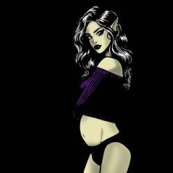 1boy black_hair black_lipstick bulge bulge_through_clothing busty_boy deviantart earrings elf elf_ears femboy feminine_male long_hair male_pregnancy mpreg panties pregnant pregnant_male purple_eyes small_belly sweater