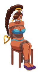 1girls arms_behind_back bare_shoulders bikini blue_bikini blue_lingerie blue_swimsuit bondage bound bound_ankles bound_arms bound_legs breasts brown_eyes brown_hair capcom chair cleavage cleave_gag cloth_gag dark-skinned_female earrings female gag gagged hair_over_one_eyes lingerie long_hair merinthos ponytail power_stone rope ropes rouge_(power_stone) sitting solo strapless_bra swimsuit tied tied_up tube_top