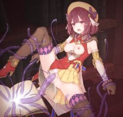 1girls ass atelier_(series) atelier_sophie blush bra bra_down breasts brown_legwear brown_thighhighs clothed_sex clothing cum cum_in_pussy cum_inside female gloves hat kilikasumi matching_underwear nipples open_mouth panties panties_aside penetration pink_hair purple_tentacles pussy rape sepia_(kilikasumi) short_hair sophie_neuenmuller spread_legs tears thighhighs tongue translucent_tentacles vaginal_penetration white_bra white_panties