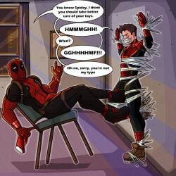 2boys bound_and_gagged deadpool foot_on_bulge fully_clothed indoors male_only marvel marvel_comics mask_removed muffled no_visible_genitalia peter_parker restrained siaph21 speech_bubble spider-man taunting wade_wilson webs