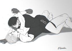 2boys black_hair black_hair_bottom blonde_hair boy_on_top domination gay laying_on_back light_hair_on_dark_hair love_and_deep_space male_only pinned_down silver_hair_on_black_hair silver_hair_top sylus_(love_and_deep_space) workout workout_clothes wrestling y/n yaoi