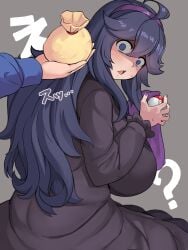 1boy 1girls ? absurdres bag big_breasts black_dress breasts creatures_(company) dress female from_behind game_freak grey_background hex_maniac highres huge_breasts long_hair long_sleeves looking_back maki_ikazuya nintendo open_mouth poke_ball poke_ball_(basic) pokemon pokemon_xy purple_eyes purple_hair purple_nails simple_background sitting surprised