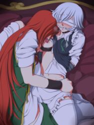 blindfold bondage braid breasts female gagged hong_meiling licking long_hair multiple_girls neko_majin red_hair sakuya_izayoi short_hair silver_hair thighhighs tongue tongue_out touhou white_legwear yuri