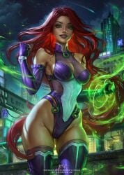 1female 1girls 2024 alien_girl armwear artist_signature blondynkitezgraja city city_background cleavage dc dc_comics deviantart deviantart_link elbow_gloves female female_only green_eyes heroine instagram_username legwear leotard long_hair looking_at_viewer night purple_armwear purple_clothing purple_gloves purple_legwear purple_leotard realistic red_hair sleeveless sleeveless_leotard solo solo_female starfire superheroine teen_titans twitter_username very_long_hair