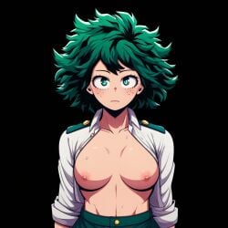 ai_generated black_background breasts breasts_out deku eye_contact female female_deku female_only freckles genderswap_(mtf) green_eyes green_hair izuku_midoriya looking_at_viewer my_hero_academia nipples no_bra rule_63 school_uniform serious su_whore_(artist) sweat sweating sweaty