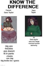 ass ass_bigger_than_head big_ass canon_vs_fanon edit fanon_sara_taylor freckles friday_night_funkin green_clothing know_the_difference long_hair looking_back meme moonrainum pants sara_taylor step_right_up:_adventure_isle text thong_straps